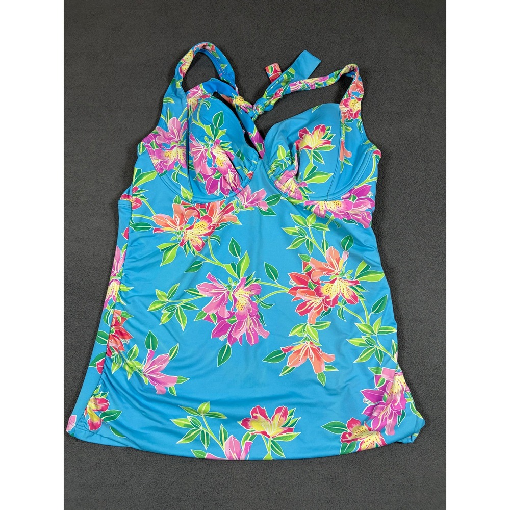 Tommy Bahama Tankini Swim Top Womens XL Blue Floral Underwire Halter SS100179